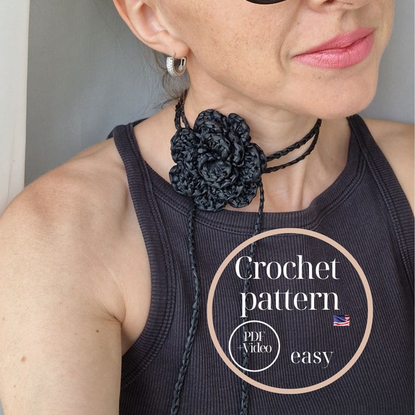 Crochet ras de cou rose, collier rose au crochet, crochet ras de cou facile, modèle PDF, tour de cou fleur de cou, modèle vidéo