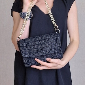 Black Raffia Clutch: Minimalist Evening Bag with Crossbody Chain