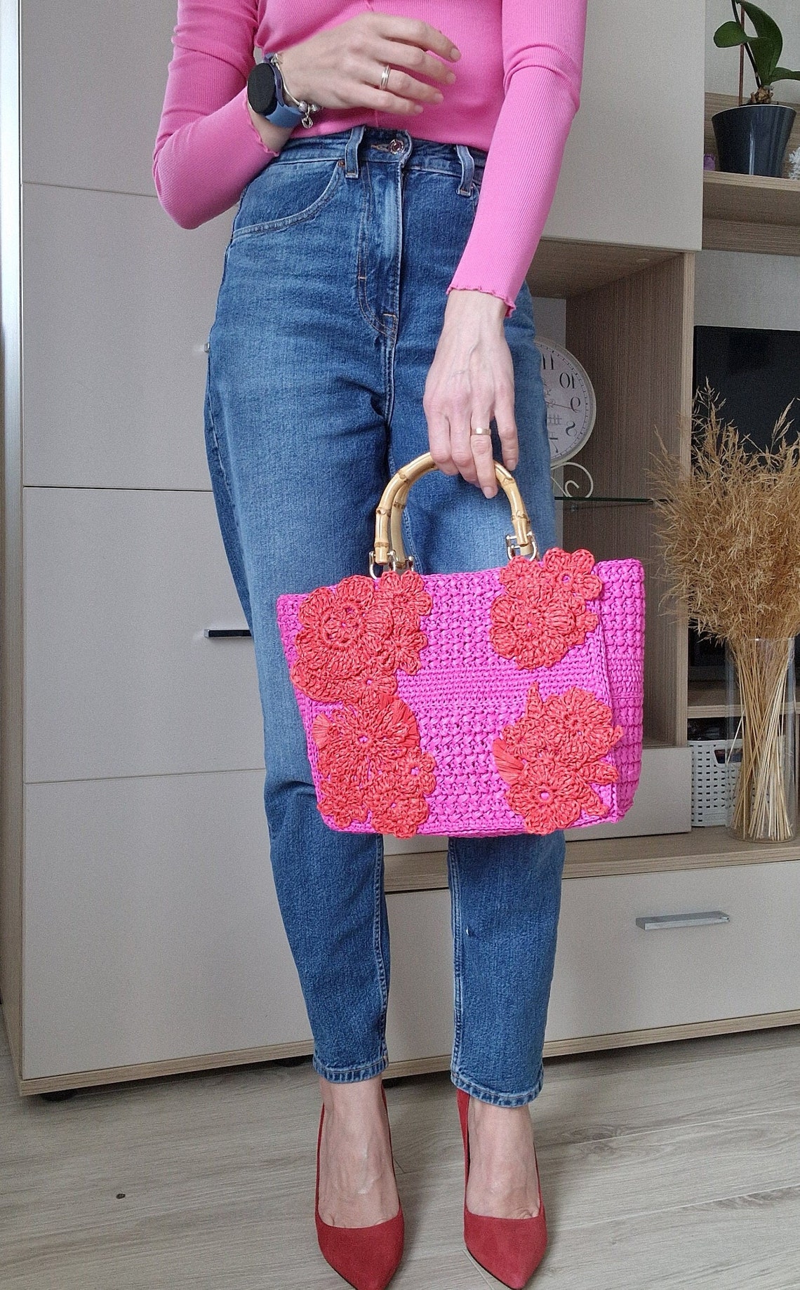 Bamboo Handle Transparent Bead Tote