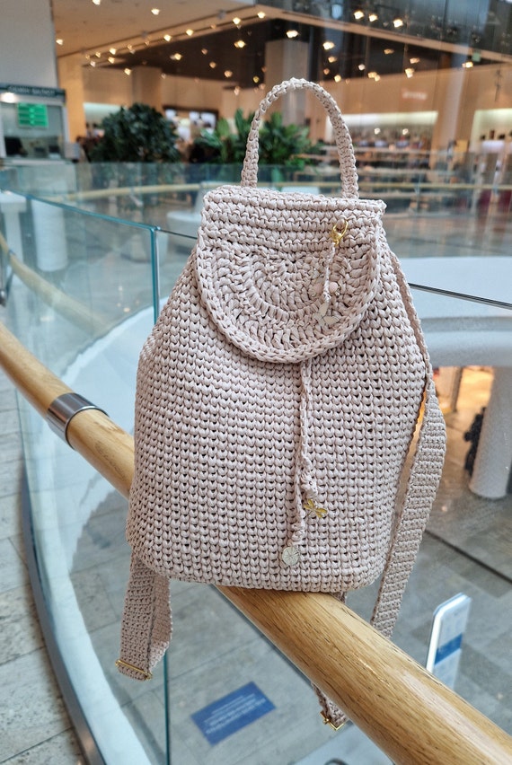 Minimalist Beige Raffia Backpack, Small Crocheted Straw Bag 
