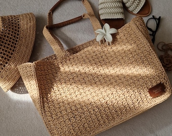Crochet Raffia Tote Bag: Large Handmade Woven Summer Purse