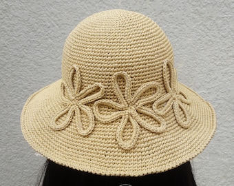 Crochet Hat Pattern | FLOWER crochet hat pattern | crochet large brim hat | bucket hat | sun hat | women hat | vintage hat | straw hat