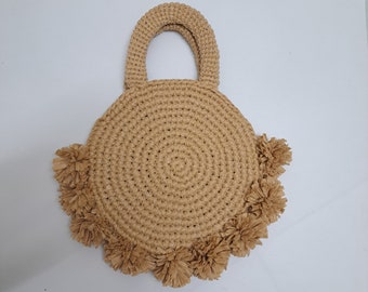 Pom Pom Crochet Bag PATTERN – Raffia Wool Purse (PDF Pattern)