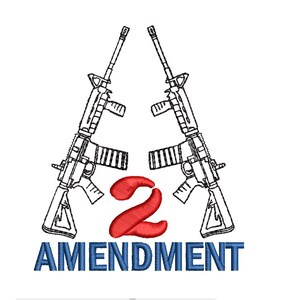 Op de afbeelding: Twee gestileerde geweren in zwart en wit gekruist in de vorm van een 'X' met het nummer '2' in rood in het midden en de tekst 'AMENDMENT' in blauw eronder.