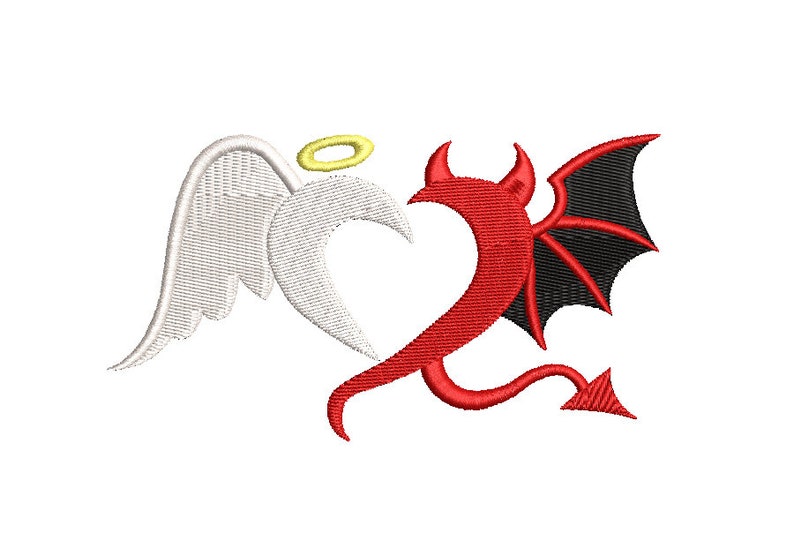 angel and devil heart embroidery design image 1