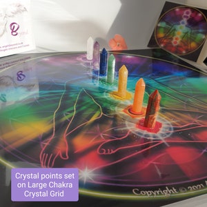 Könnte beinhalten: Ein Satz von sieben Kristallspitzen in den Farben der Chakren, angeordnet auf einem großen Chakra-Kristallgitter. Das Gitter zeigt ein farbenfrohes Bild einer Person in meditativer Pose. Der Text "Crystal points set on Large Chakra Crystal Grid" und "Copyright © 2021" ist sichtbar.