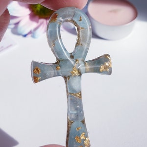 Aquamarine Ankh Orgone Pendant – Resin Crystal Ankh Necklace – Calm & Clear Communication Amulet – Reiki Charged Emotional Healing Talisman