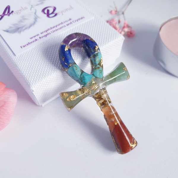 Chakra Egyptian Ankh Orgone/ Handmade Ankh Pendant with Chakra Crystals