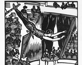 1938 ROGER GRILLON Woodcut  for Chadourne's 'Terre de Chanaan' C8x6ins. Circus Trapeze Artiste