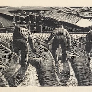 1950 LENNOX PATERSON Wood Engraving for 'The Roadmender' Men in the Fields Harvest Landscape Glasgow School of Art Sheet Size 5x2.25ins.