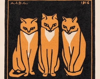 JULIE DE GRAAG. Drie katten. Origineel in het Rijksmuseum. Gedrukt op professioneel papier van 180 gsm.  C.10 x 8 inch moderne muurdecoratie uit het midden van de eeuw