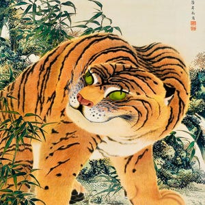 May include: A detailed painting of a tiger with orange fur and black stripes, set against a backdrop of green foliage and bamboo. The tiger has bright green eyes and a focused gaze, showcasing a traditional Asian art style.