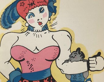 Lithografie van Serge Circus uit 1930, circusclown, circustent, art deco, decoratieve kunst, ca. 7x5 inch. Mid-century modern wanddecoratie.