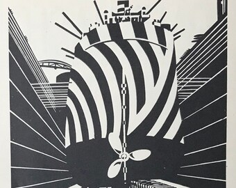 May include: Black and white graphic design poster advertising an exhibition of English graphic art at the KunstSalon "Wolfsberg" in Zurich. The poster features a stylized image of a ship with a propeller and a row of people standing in front of it. The text on the poster reads "KunstSalon "Wolfsberg" Ausstellung Englische Grafik" and includes details about the exhibition, including the dates, the number of artists and works, and the opening hours.