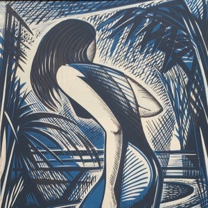 May include: A black and white woodcut print of a woman in a long dress standing in a field of tall grass. The woman's hair is long and flowing, and her dress is flowing in the wind. The background is a field of tall grass, and the sky is a deep blue.