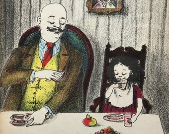 May include: Illustration of a man and a girl seated at a table set for a meal. The man wears a suit and tie, while the girl wears a dress and bib. A cake, fruit, and other food items are on the table.