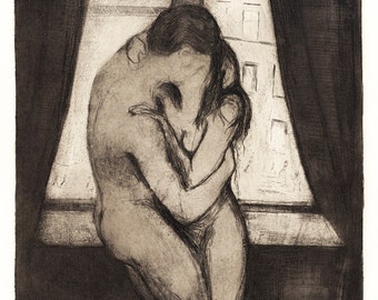 EDVARD MUNCH. De kus (1895). Origineel in The MET Museum. Gedrukt op professioneel papier van 180 gsm. C.10x8ins.. Modern decor uit het midden van de eeuw