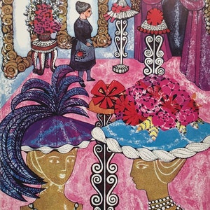 1967 CAROL BARKER. Hat Shop Milliner Colour Illustration for Rumer Godden&#39;s &#39;The Kitchen Madonna&#39;. Printed One Side Only. C.9x5ins..