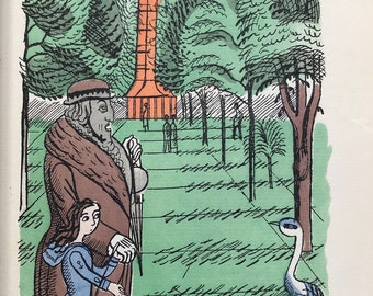 1930 EDWARD BAWDEN 'Adam & Evelyn at Kew' Originele handgekleurde pochoirillustratie 'The Chinese Pagoda'. Moderne inrichting uit het midden van de eeuw