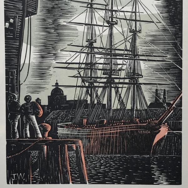 1950 JOHN WORSLEY 'The Wreck of the Serica' Wood Engraving Shenval Press on Basingwerk Parchment from Original Block Image 6.5x4.5ins..