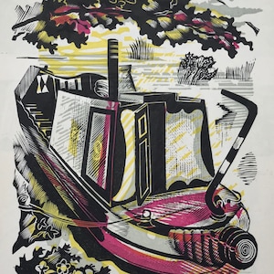 1950 JOHN O'CONNOR Von 'Canals, Barges & People' Holzstich Shenval Press auf Basingwerk Pergament aus Original Block Bild 15x11 cm.