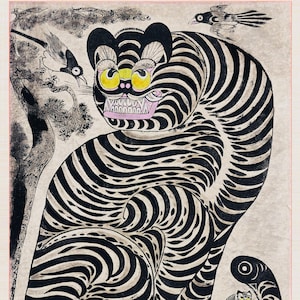 May include: Black and white illustration of a tiger with yellow eyes and a pink mouth. The tiger has black stripes and is surrounded by birds and trees. There are two smaller tigers in the image. The image has text in the bottom right corner.
