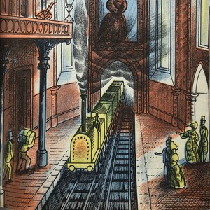 1946 EDWARD BAWDEN Original Lithograph &#39;Train Station&#39; Curwen Press 8x5.25ins.