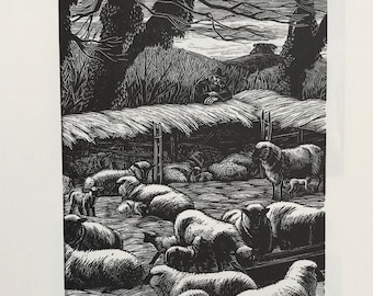 GWEN RAVERAT Wood Engraving &#39;Lamb Folding’ Printed from the Original 1933 Block C.5x3ins Sheep Farming Shepherd