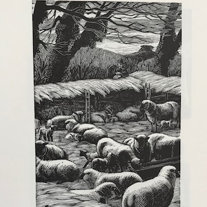 GWEN RAVERAT Wood Engraving &#39;Lamb Folding’ Printed from the Original 1933 Block C.5x3ins Sheep Farming Shepherd