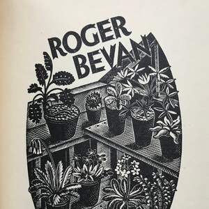 May include: Black and white illustration of a bookplate featuring the text "Roger Bevan" and a design of potted plants on a shelf.