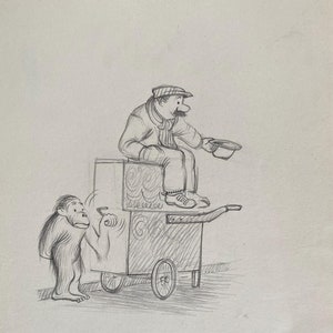 C.1960 'EDIE' W.J.EDWARDS Podpisany komiks ołówkiem. Małpa-mechanik organów, format arkusza ok. 11x7,5 cala.