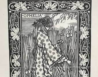 1950 LUCIEN PISSARRO &#39;OPHELIA&#39; Woodcut from Original Block Printed at the Shenval Press on Basingwerk Parchment C.10x7ins..