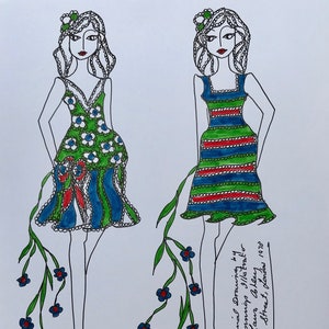 LAURA ASHLEY, obra de arte de moda original firmada por Roz Jennings, década de 1970, tamaño A4 sobre tarjeta blanca rígida, 30 x 20 cm.
