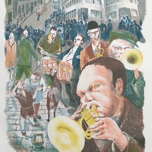 1951 'BRIGHTON ROCK' LITHOGRAPH 'The Blind Band' K.Lumb Graham Greene Bus Trumpet Busker Drum Jazz Size 11x8ins.