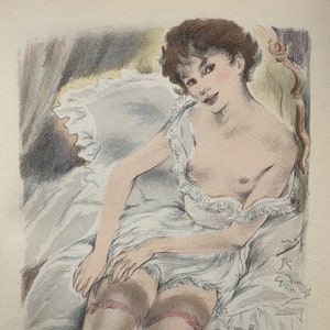 1945 RENÉE RINGEL Hand-Coloured &#39;Pochoir&#39; Illustration for Colette&#39;s &#39;Claudine en Ménage&#39; Sheet Size c.8.25x6.75ins..