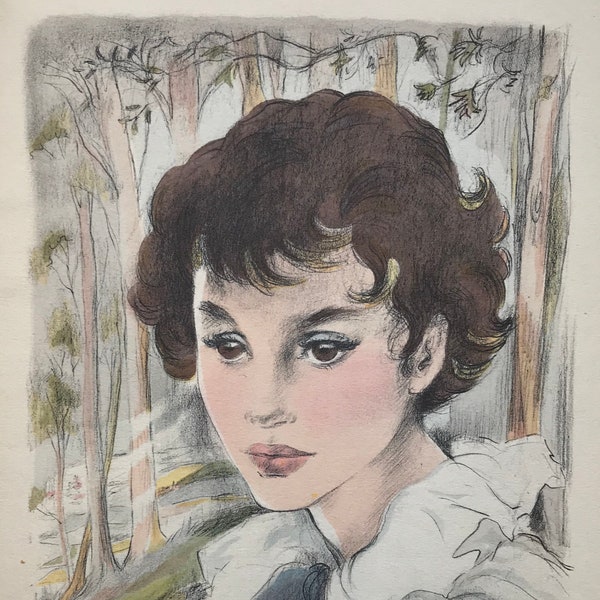 1945 RENÉE RINGEL Hand-Coloured 'Pochoir' Illustration for Colette's 'Claudine en Ménage' Sheet Size c.8.25x6.75ins..