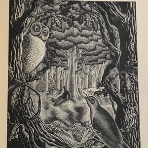 1950 LENNOX PATERSON Wood Engraving for 'The Roadmender' Owl Bird Wood Man Glasgow School of Art Sheet Size 9.25x6.5ins.