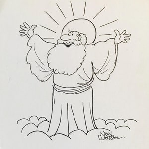 ALEX NOEL WATSON Tinta/Lápiz Caricatura original de periódico Dios Evolución Creacionismo C.8.25x6ins..