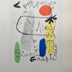 May include: Abstract art print featuring the name "Miro" with colorful shapes and handwritten text. The artwork includes a red circle, black lines, and green, blue, and yellow brushstrokes. The words "Sculpture" and "Graphic" are also visible.
