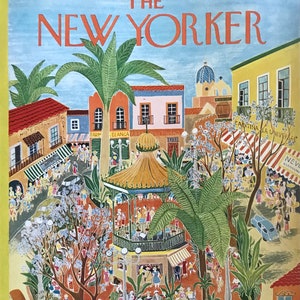 May include: A colorful illustration of a town square with a bandstand in the center. The square is surrounded by buildings with red tile roofs and palm trees. There are people walking around the square and sitting at tables outside of cafes. The text "THE NEW YORKER" is printed at the top of the image.