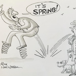 ALEX NOEL WATSON Dibujo animado original de periódico en tinta y lápiz 'Es primavera' Humor Broma C.8.25x6ins..