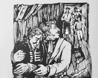 1949 JOHN MINTON La isla del tesoro R.L. Stevenson de 'Image' Robert Harling Sobre pergamino Basingwerk C.9x7 pulgadas. Decoración moderna de mediados de siglo