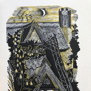 1959 JOHN O'CONNOR houtgravure van origineel blok Sickle Moon Grosvenor-lithopapier, velformaat C10x7ins