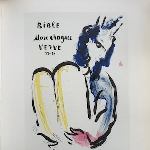 May include: A black and white illustration of a person with a crown, sitting with a yellow book. The text "BIBLE Marc Chagall VERVE 33-34 EDITIONS VERVE - PARIS" is printed below the illustration.