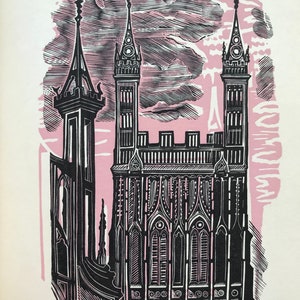 1959 JOHN O'CONNOR Holzgravur 'Dog Days Begin' West Country Kathedrale Kirche Türme Grosvenor Litho-Papier Größe C10x7ins