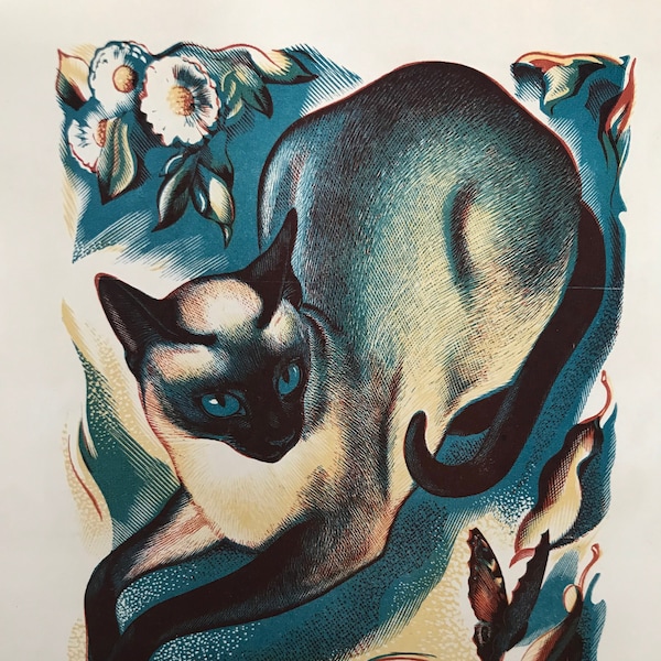 1950 AGNES MILLER PARKER Wood Engraving 'Siamese Cat and Butterfly'  Shenval Press Rare Printed on Basingwerk Parchment from Original Block