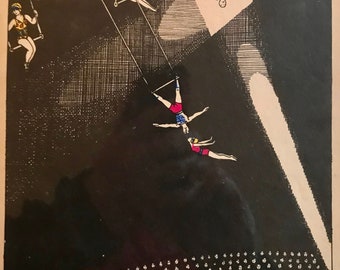 1934 EILEEN MAYO ZIRKUS Illustration Künstler Trapez Zirkuszelt C.30x19cm