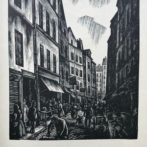 1927 JACQUES BOULLAIRE Wood Engraving From Original Block La Rue Mouffetart/Mouffetard PARIS Fleuron Ltd Curwen Press Sheet C.10.75x7.25 ins