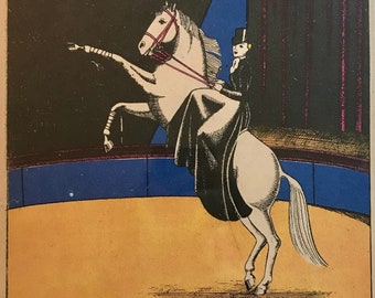 Illustratie van Eileen Mayo Circus uit 1934: Paard, circusdirecteur, ca. 25 x 19 cm. Mid-century modern wanddecoratie.