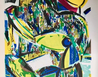 1959 HAP GRIESHABER Lithograph 'Fraulein Daphne' Coloured Woodcut Engraving Abstract Modernist Sheet Size c.9x8ins..